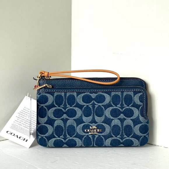 Coach CZ321 Double Zip Phone Wallet Blue Signature Denim Leather Wristlet Clutch - Picture 9 of 11